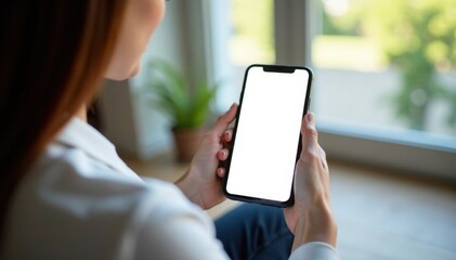 Woman holds blank mobile screen in hand, sitting still, reflection, stillness, woman