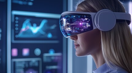 Female professional wearing advanced virtual reality headset, exploring immersive digital environment with data visualization screens in the background