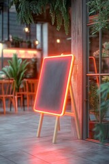 Red-lit menu board outside restaurant.
