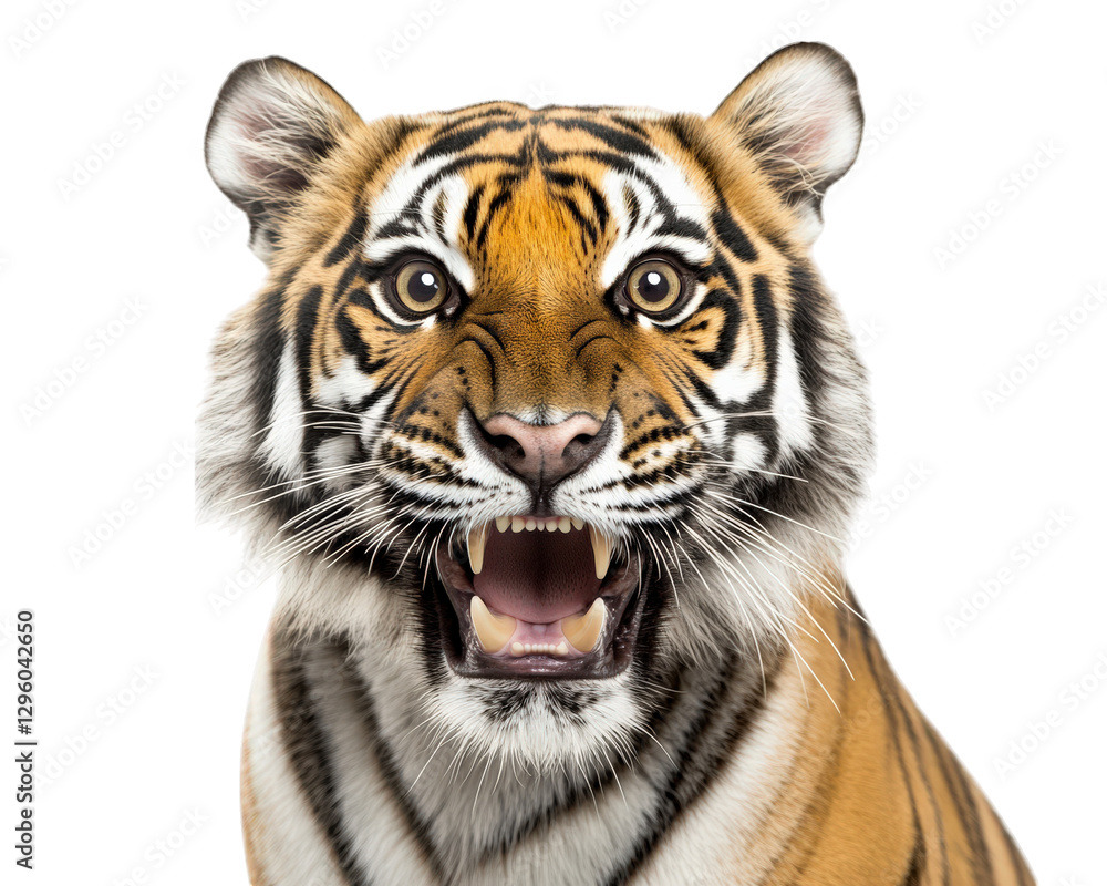 Poster realistic tiger face with fierce expression, showcasing sharp teeth and striking fur patterns. image