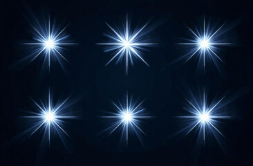 Set of various spotlight white, light effects, glowing rays, on dark background.