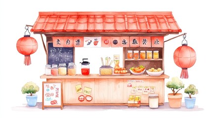 Japanese street food stand illustration, vibrant watercolor depiction, showcasing delicious snacks and a welcoming atmosphere, ideal for culinary and cultural themes, PNG format for versatile use