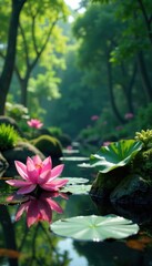 Zen Garden with Lotus and Water, peaceful, zen, garden