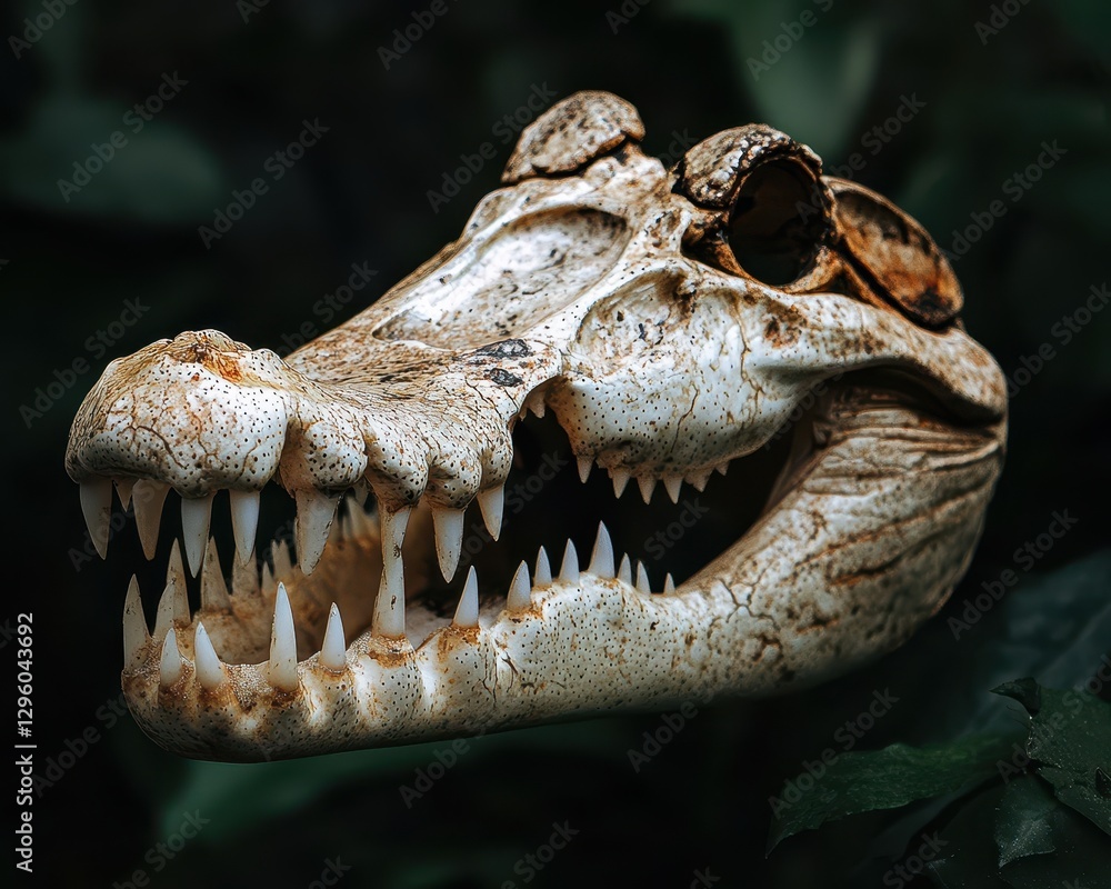 Poster detailed close-up of a crocodile skull showcasing sharp teeth and intricate bone structure against a