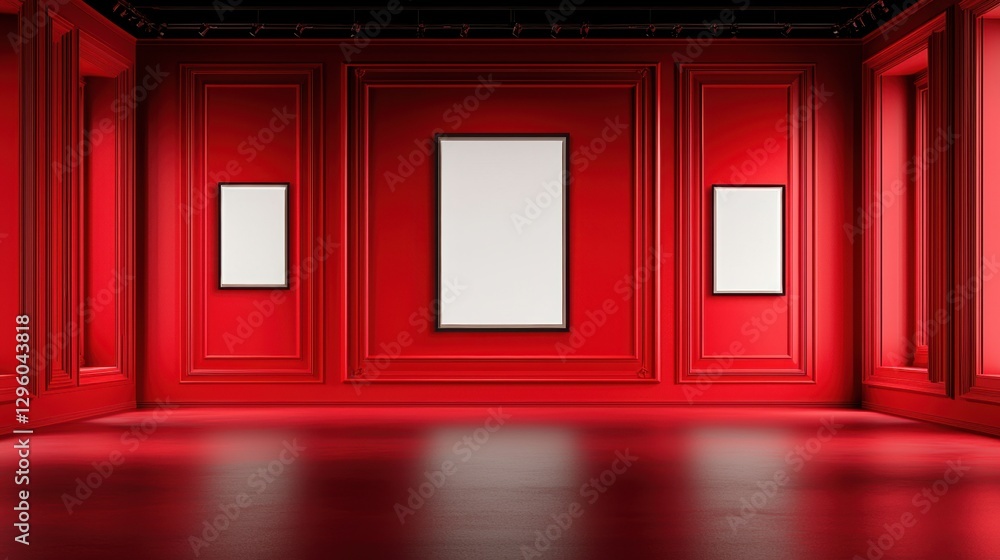 Poster contemporary gallery interior with vibrant red walls and empty frames ready for artwork display in a