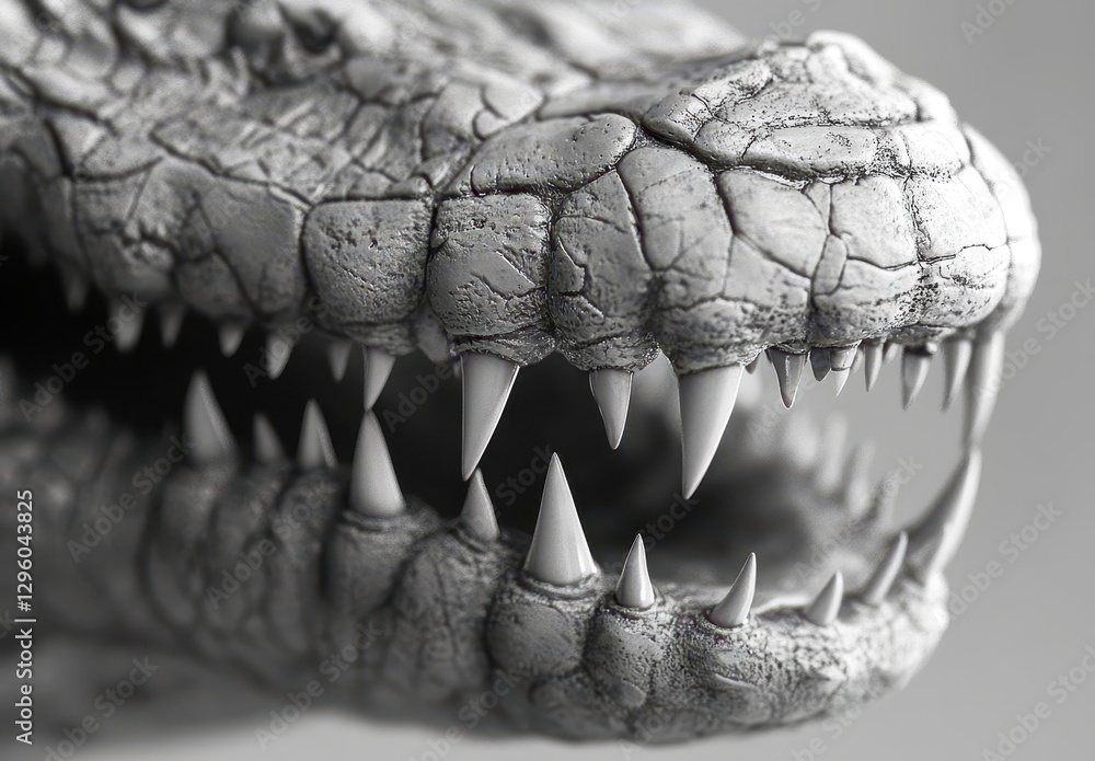 Poster detailed close-up of a crocodile skull showcasing sharp teeth and textured surface emphasizing the f