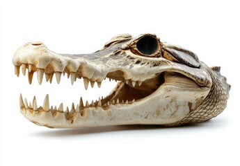 Obraz premium Detailed close-up of a crocodile skull showcasing teeth and unique morphology in high-quality rendering on a white background.