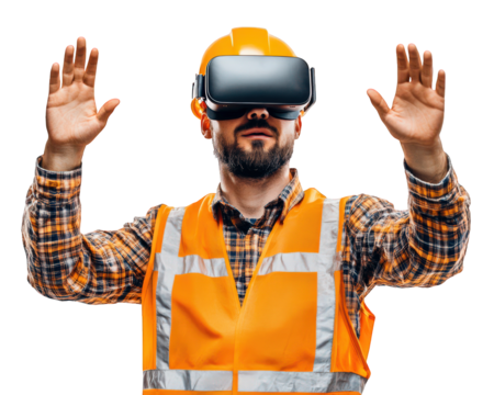 man wearing virtual reality headset and safety gear, engaged in immersive experience. His hands are raised, indicating interaction with virtual environment