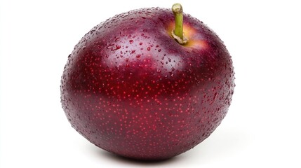 A single ripe red plum covered in water droplets