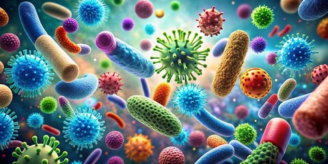 Naklejka premium Abstract Microbiology: Beneficial & Harmful Bacteria & Viruses Illustration