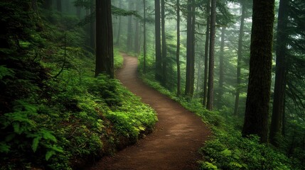 Fototapeta premium Misty Forest Path: A Serene Hike Through Lush Green Woods