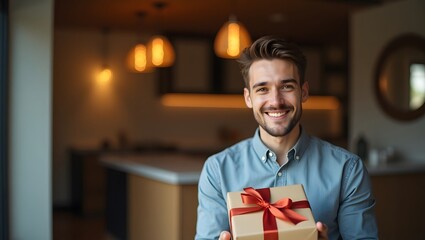photograph of a handsome young man holding a wrapped gift box