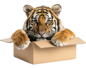 tiger trying to fit into tiny cardboard box, showcasing its playful nature and curiosity. This amusing scene captures essence of wild animal in confined space