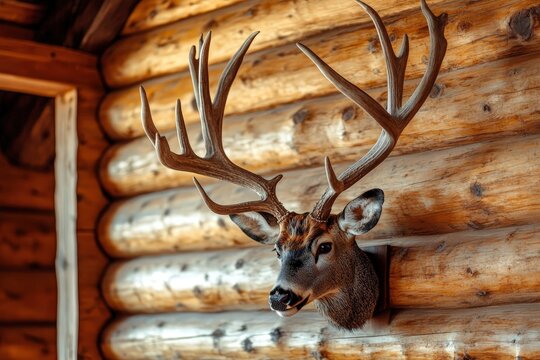 Deer head hanging on log cabin wall representing hunting trophy