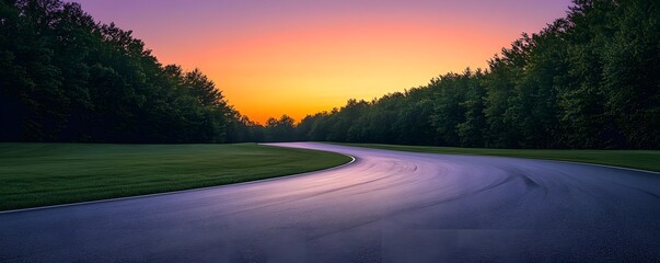Curved asphalt road winding through lush green trees at sunset