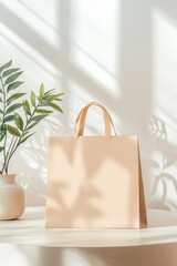 Beige shopping bag on a table with plant. Sunlight casts shadows.