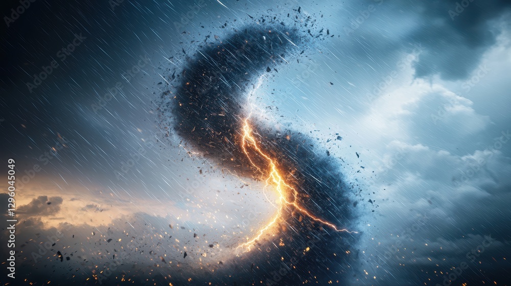 Poster close up view of the swirling vortex of a tornado, its funnel illuminated from within by lightning, 