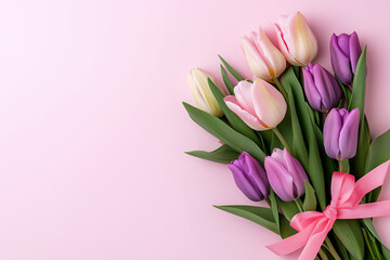 Soft pink background with vibrant tulips in various colors tied with a pink bow ribbon with copy space on the left