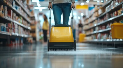 Woman using a floor sweeper in a supermarket aisle.