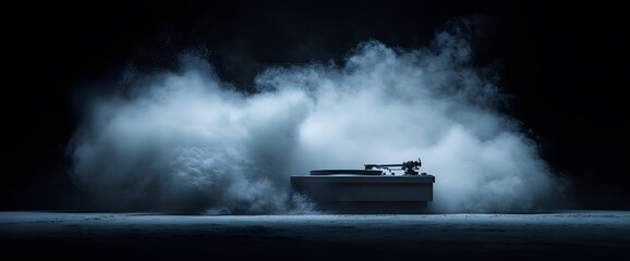 Fototapeta premium Mysterious turntable engulfed in ethereal blue smoke; dramatic, artistic, abstract music concept.