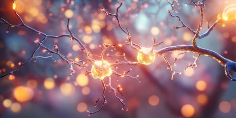 Microscopic view of glowing neuron cells connected by synapses, transmitting signals.