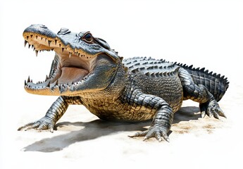 Fototapeta premium Detailed Close-Up of a Majestic Crocodile with Wide Open Mouth Showcasing Sharp Teeth on Sunny Beach Background Ideal for Nature and Wildlife Themes