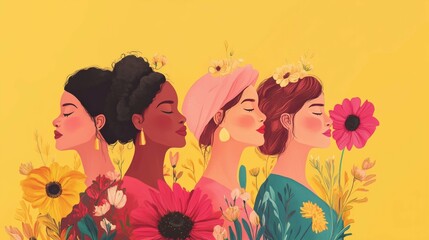 Diverse women united in peace with nature's beauty against yellow background.