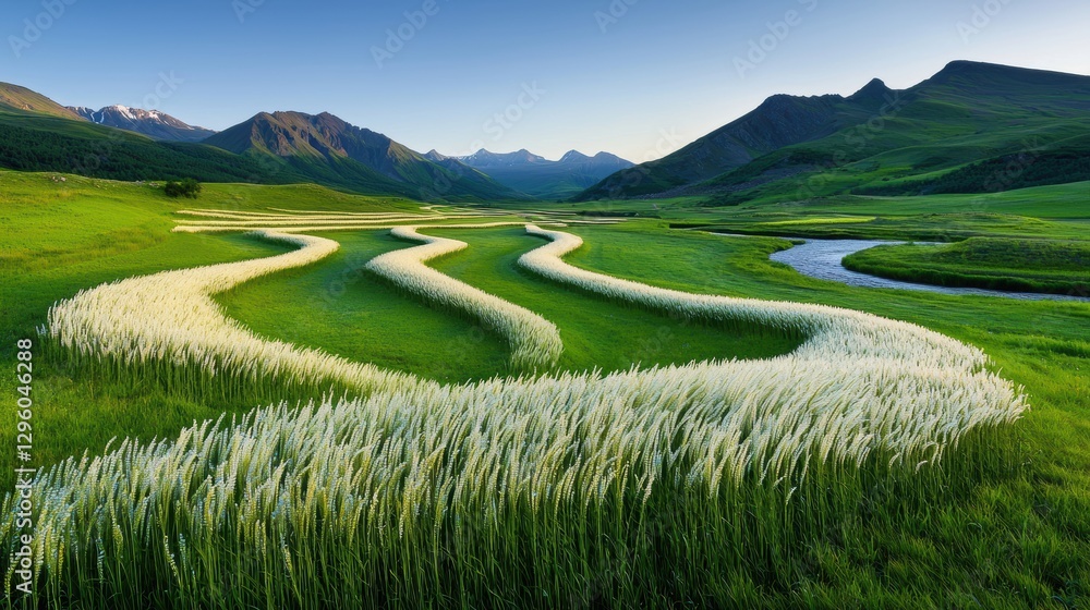 Poster a field of tall grass being flattened by a gust of wind, creating a wave like pattern across the lan