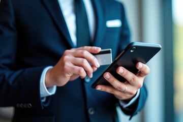A Professional Middle-Aged Man in a Suit Using a Smartphone to Make a Payment with a Credit Card Indoors in an Urban Environment