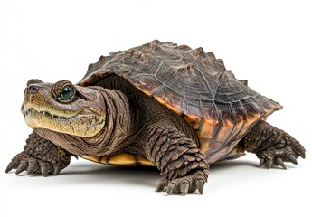 Obraz premium Detailed Close-Up of a Realistic Turtle on a White Background Showcasing Textured Shell and Distinctive Features of the Animal