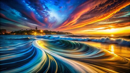Abstract Night Waves: Dark Khaki, Blue & Tan Swirl Art Background
