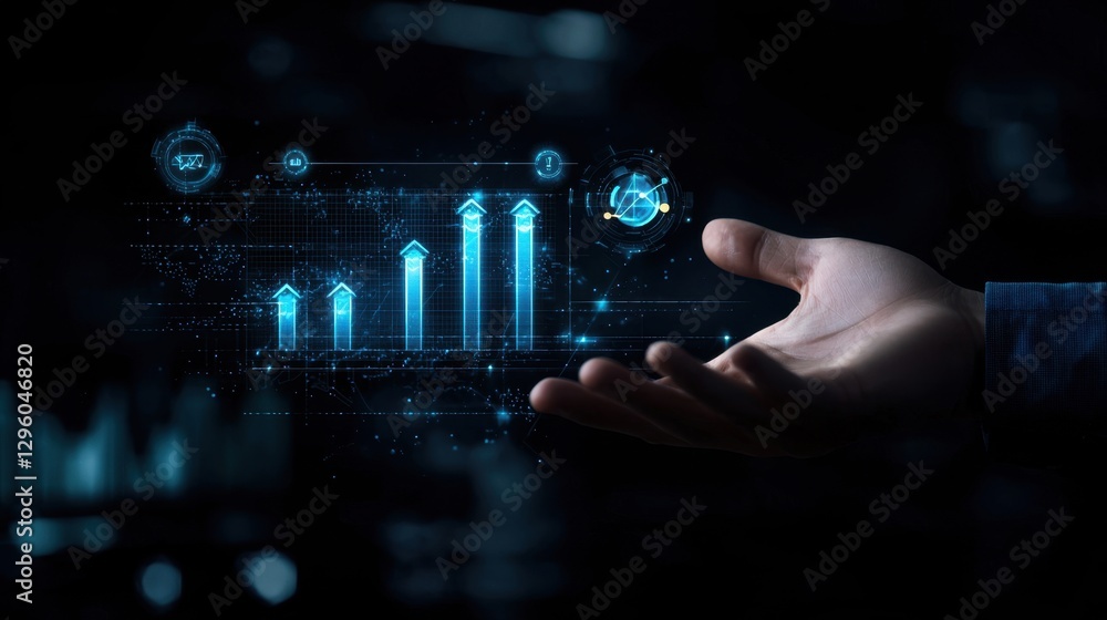 Poster futuristic hand presenting digital graphs and data visualization in vibrant neon colors with glowing