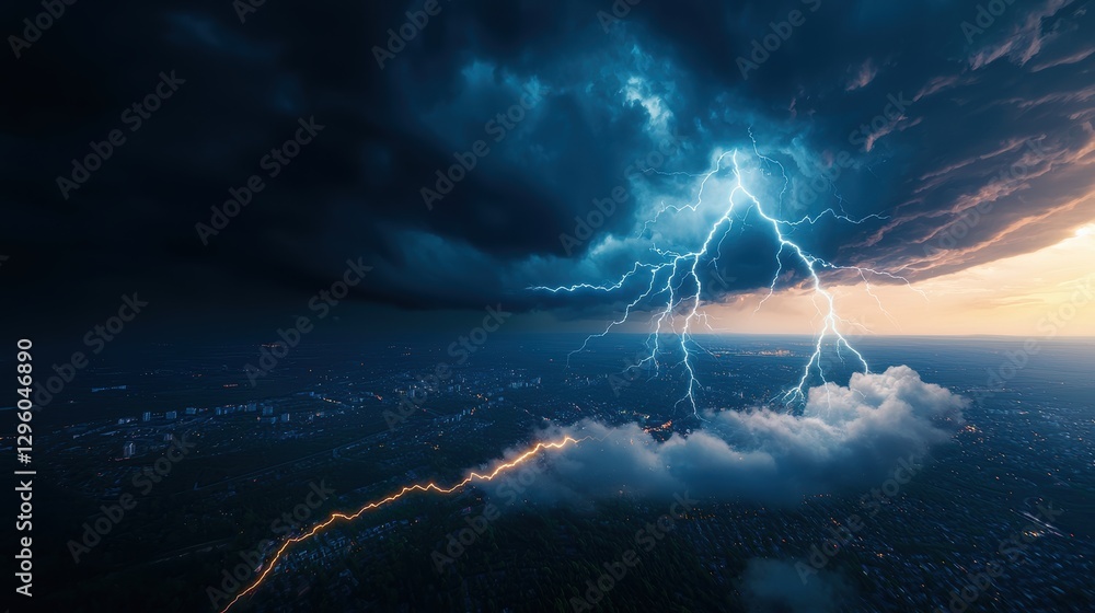 Aufkleber a time lapse image of lightning strikes over a city at night, the multiple bolts creating a web of l