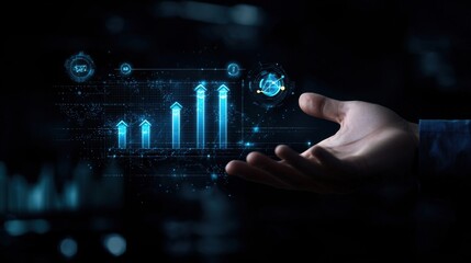 Futuristic hand presenting digital graphs and data visualization in vibrant neon colors with glowing elements representing analytical growth and technology