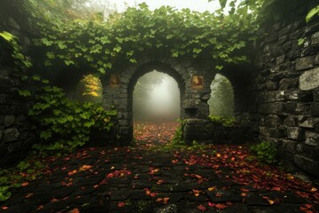 Fototapeta premium Ancient stone archway enveloped in lush greenery and misty atmos