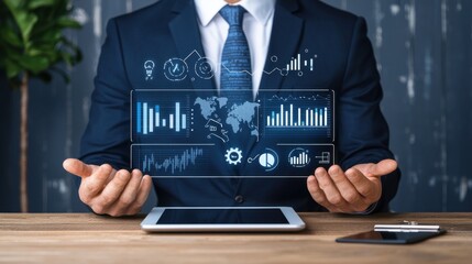 Business professional analyzing financial data with digital graphs and charts on tablet, showcasing global market trends and performance metrics