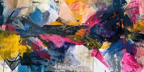 Fototapeta premium The abstract splash painting colored by vivid shade of oil color stained on the canvas express contemporary style from paint. Modern wallpaper brush vibrant watercolor with seamlessly pattern. AIG61.