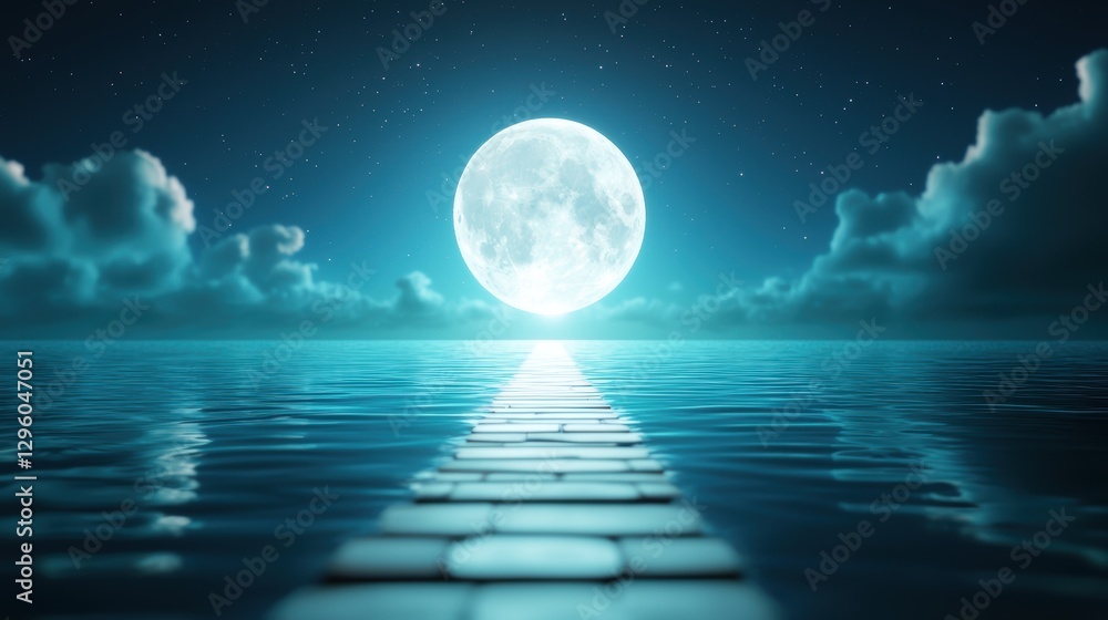 Poster a bright, full moon reflects brilliantly on the surface of a calm ocean, creating a shimmering path 