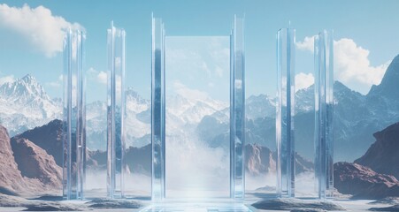 A massive glass cylinder standing before majestic mountains, accompanied by a ground platform, blending modern architecture with nature. The scene symbolizes innovation, harmony, and futuristic design