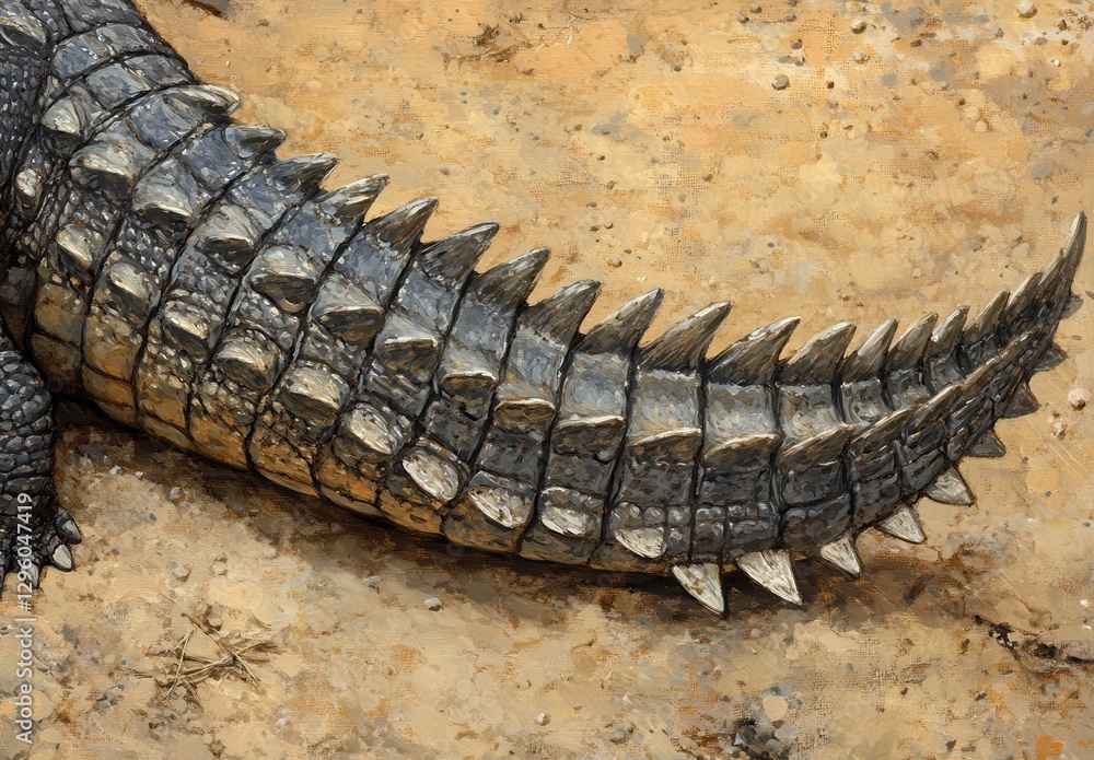 Poster detailed close-up of a scaly crocodile tail showcasing unique textures and sharp spines against a sa