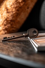 Close-up of a metallic key resting on a wooden surface.