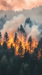 Obraz premium Forest fire engulfing trees as thick smoke billows into the sky.