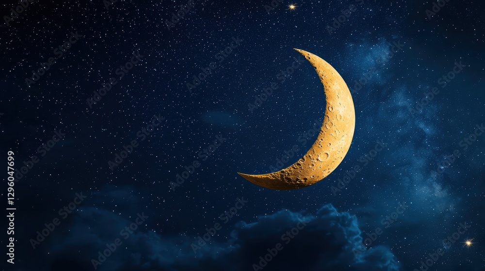 Poster a crescent moon hangs serenely in a velvety dark sky, surrounded by a dazzling array of stars, creat