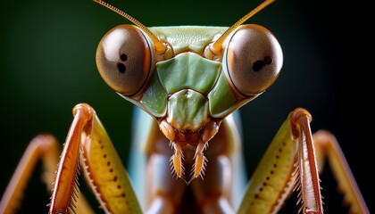 Macro praying mantis head: large eyes, angular face.  Intriguing insect portrait, predatory gaze