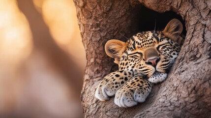 Leopard cub asleep in tree hollow with paws draped outside the opening.