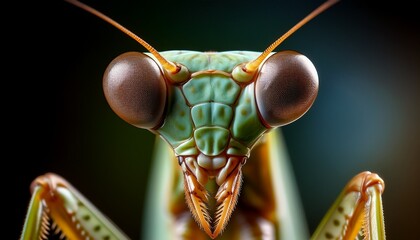 Macro praying mantis head: large eyes, angular face.  Intriguing insect portrait, predatory gaze