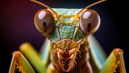 Macro praying mantis head: large eyes, angular face.  Intriguing insect portrait, predatory gaze