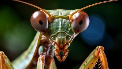 Macro praying mantis head: large eyes, angular face.  Intriguing insect portrait, predatory gaze