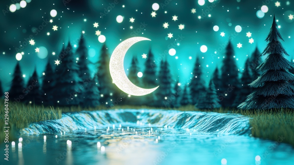 Poster a magical scene depicting a sparkling river flowing through a forest, illuminated by the soft glow o