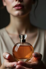 A close-up of a woman holding a bottle of perfume	